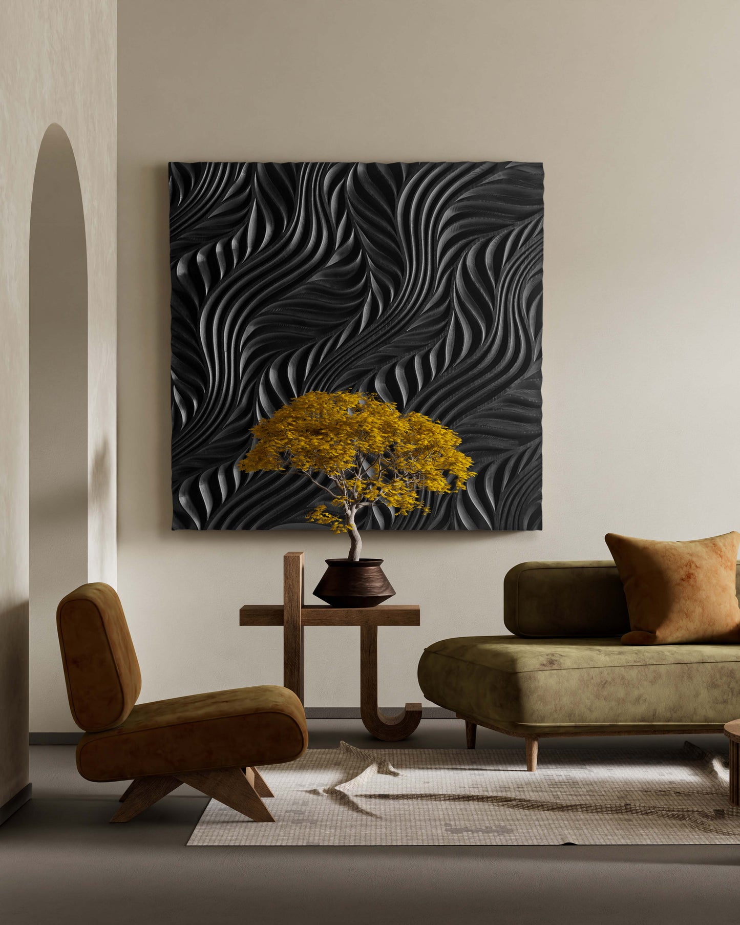 Square black flow sculpture on a neutral wall, adding big wall decor charm and subtle geometry art curves to a modern living room.
