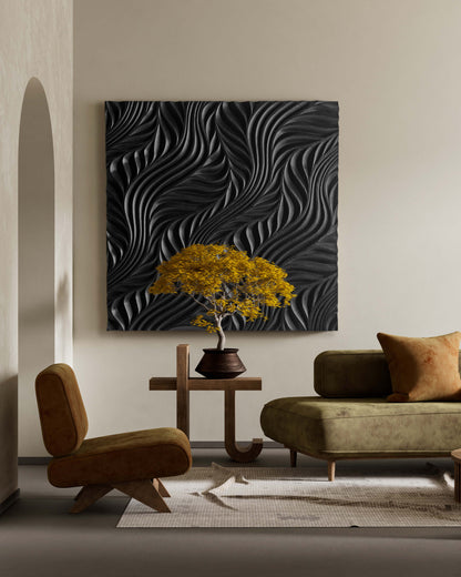 Square black flow sculpture on a neutral wall, adding big wall decor charm and subtle geometry art curves to a modern living room.