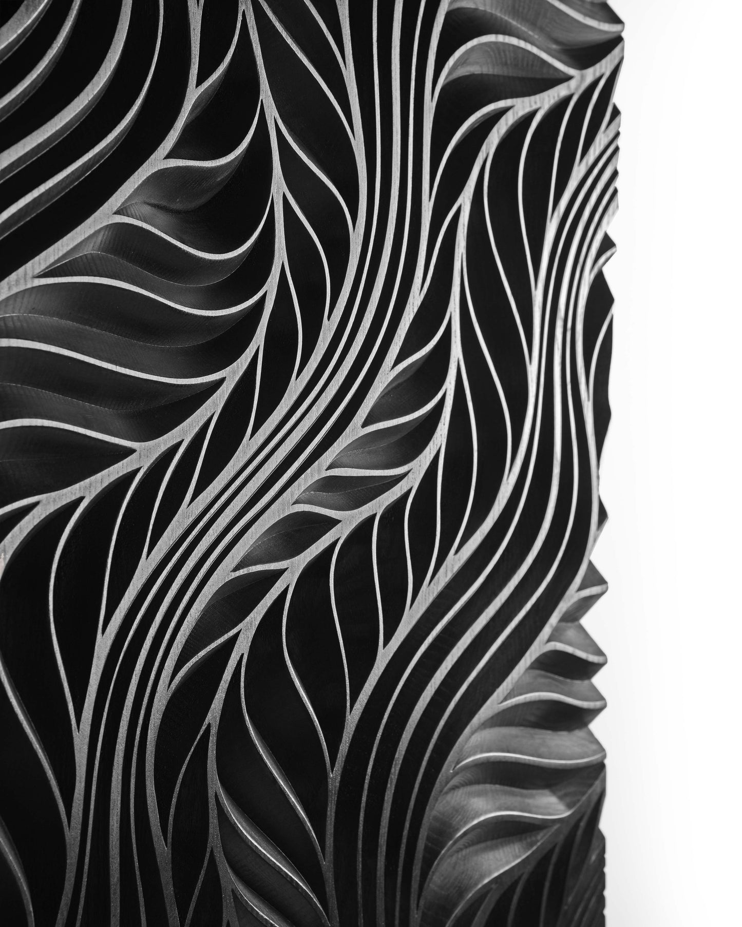 Close-up revealing flow ridges in black ash, blending wood accent wall potential and a refined geometric design approach.