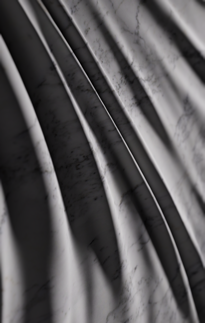 Angled view of square Carrara marble wall sculpture showing deep folds and sculpted edge