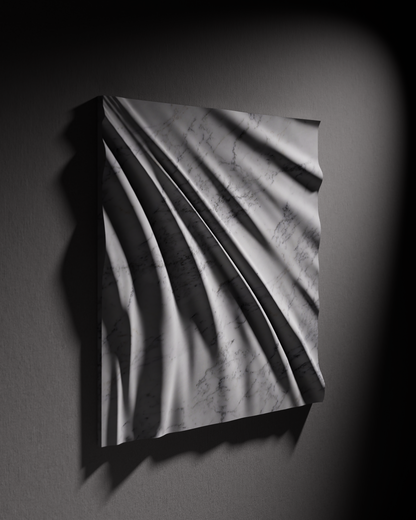 Carrara marble wall sculpture with flowing carved folds, square format, dramatic shadows on a dark wall