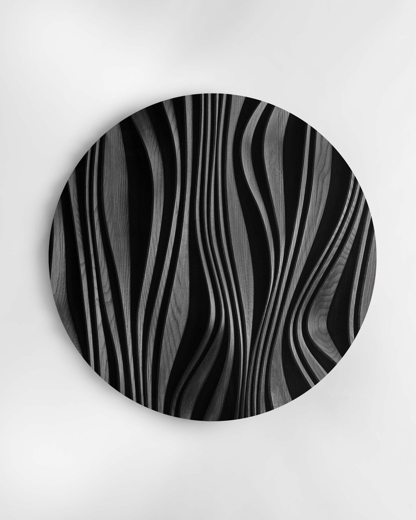 Forest round wall sculpture in black finish, front view on white background