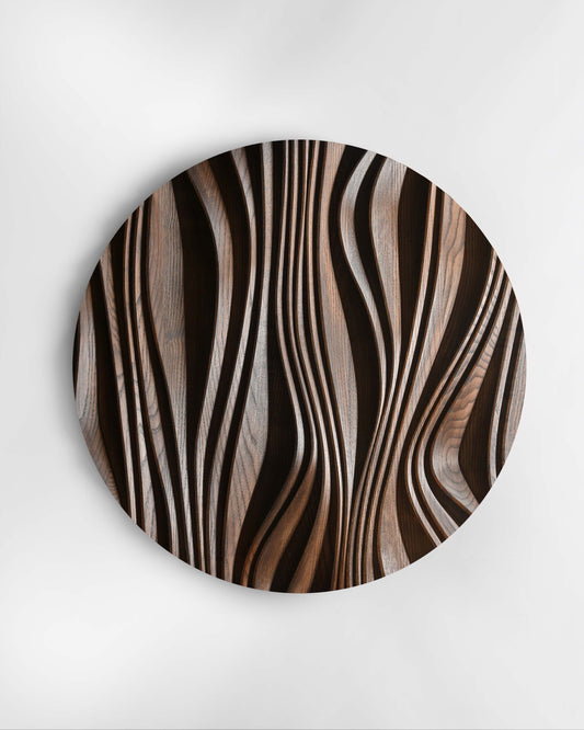 Forest round wall sculpture in brown finish, front view on white background