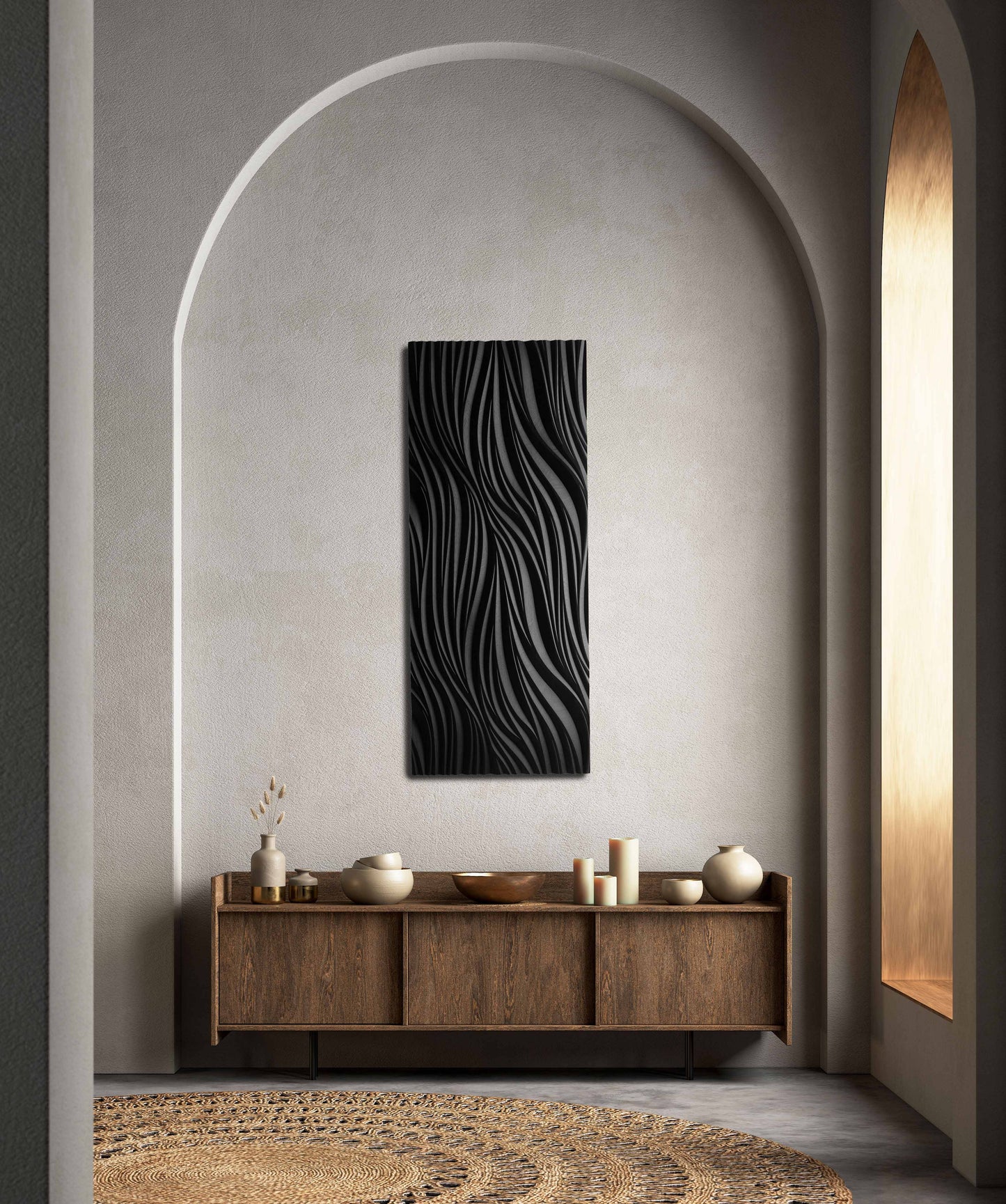 Zoom on the panel’s carved surface, blending geometry art detail with the warmth of wooden wall panels in brown and black tones.