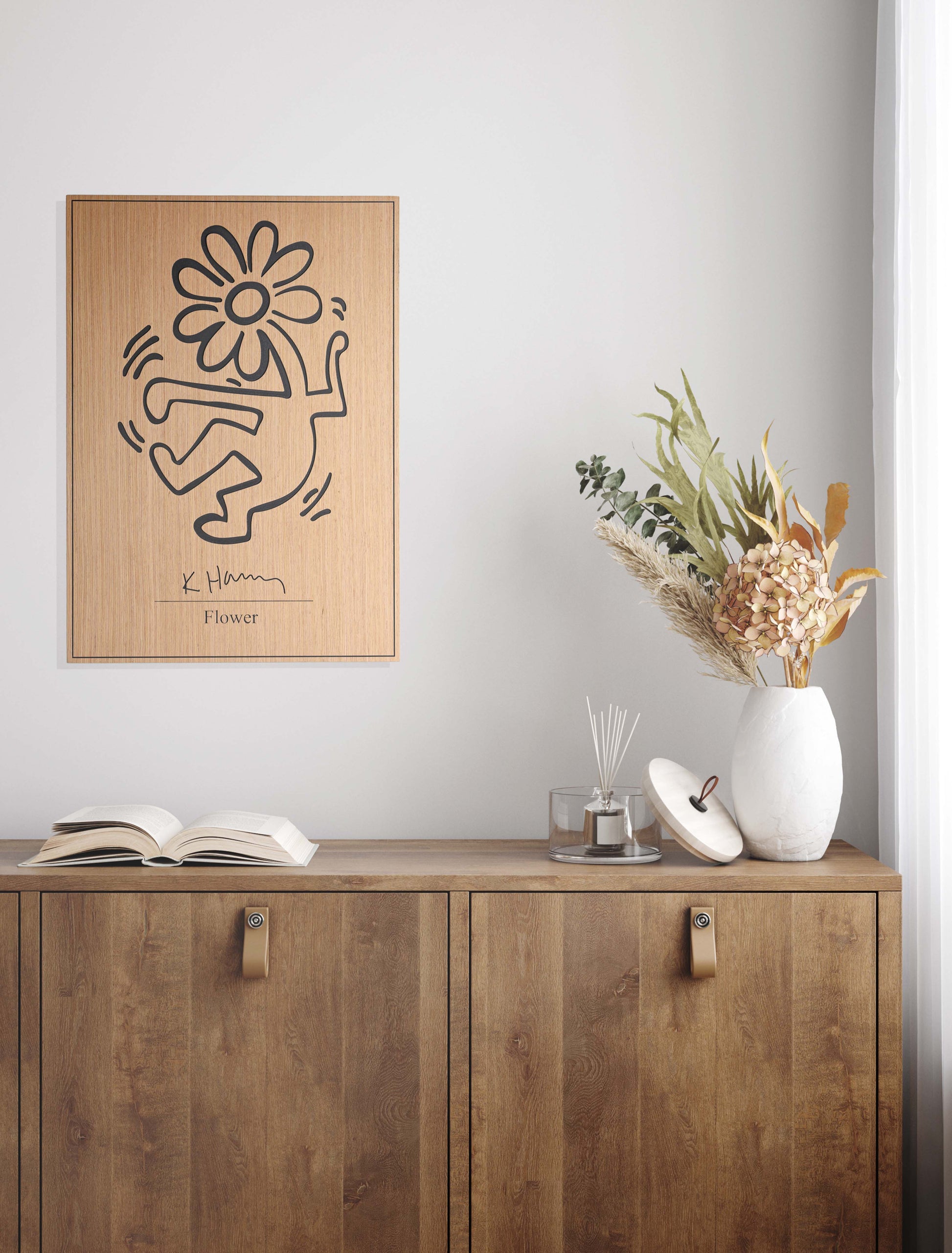 Bright hallway spotlighting a geometric ‘Flower’ motif in oak and black, emphasizing artistic depth along a minimalist corridor wall.