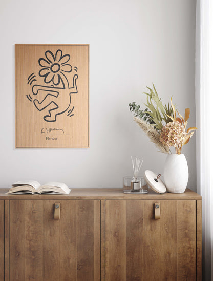 Bright hallway spotlighting a geometric ‘Flower’ motif in oak and black, emphasizing artistic depth along a minimalist corridor wall.