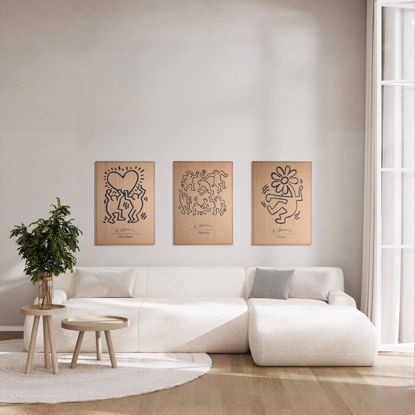 Three panel wall set featuring The Heart motif, oak and black panels above sofa