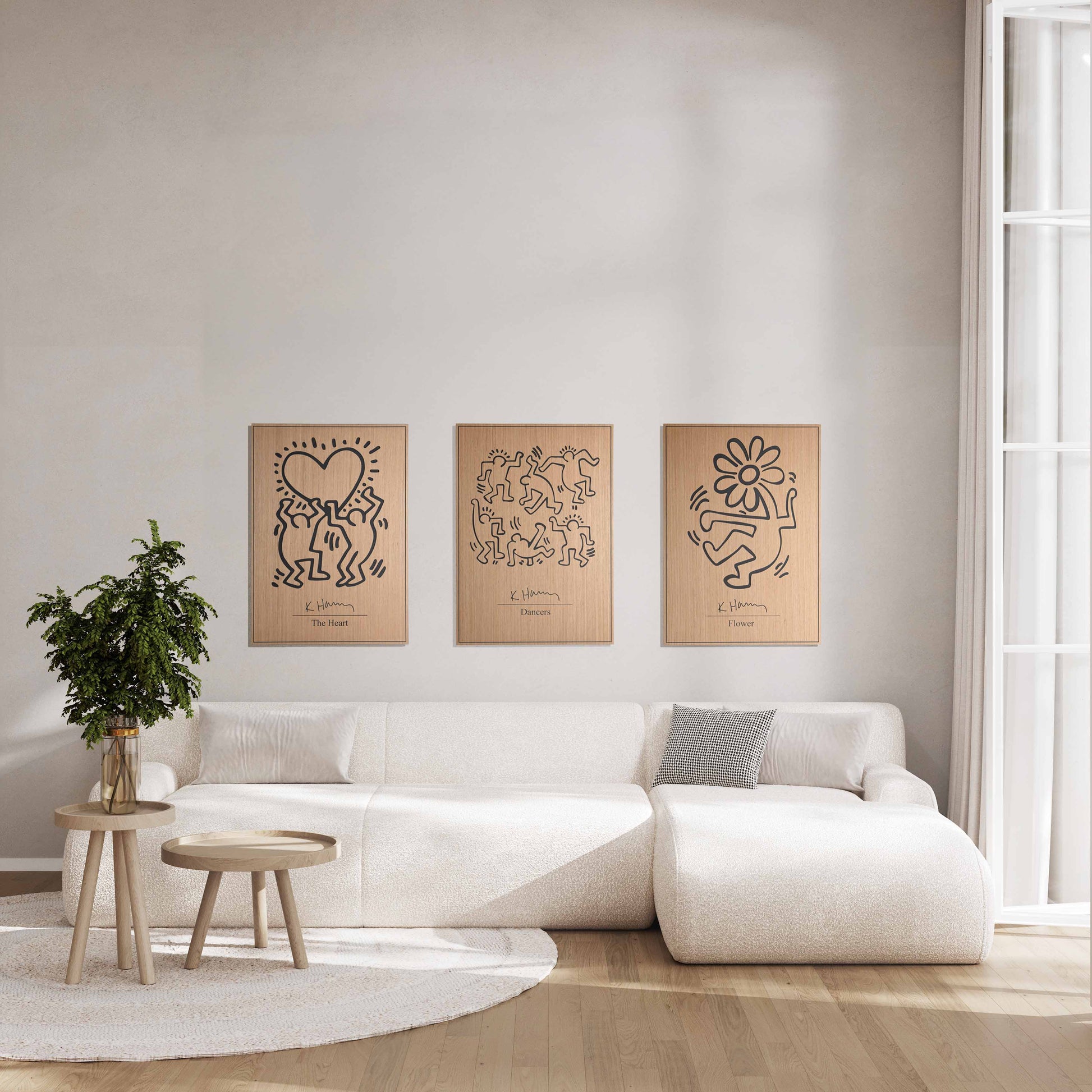 Three panel wall set featuring The Heart motif, oak and black panels above sofa