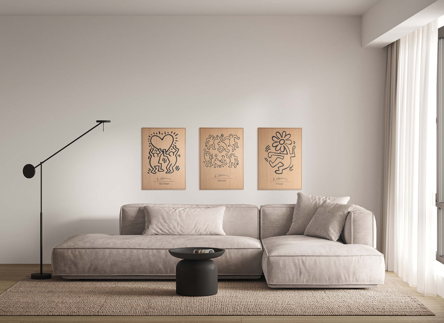 Keith Haring trio wall set of three oak and black panels above sofa, interior view
