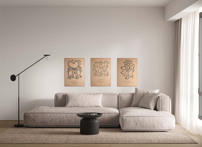 Keith Haring trio wall set of three oak and black panels above sofa, interior view