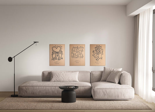 Keith Haring trio wall set of three oak and black panels above sofa, interior view