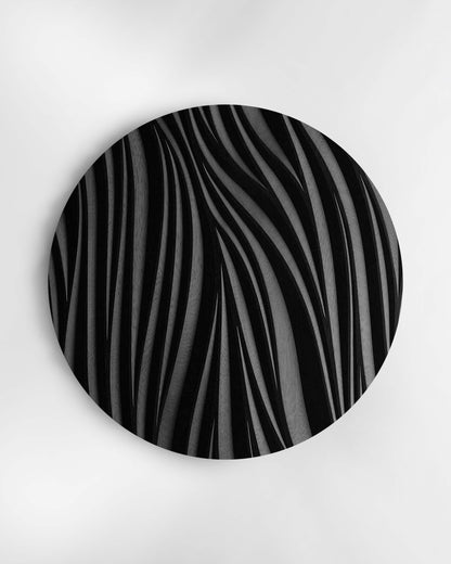 Leaf circular wall sculpture in black finish, front view on white background