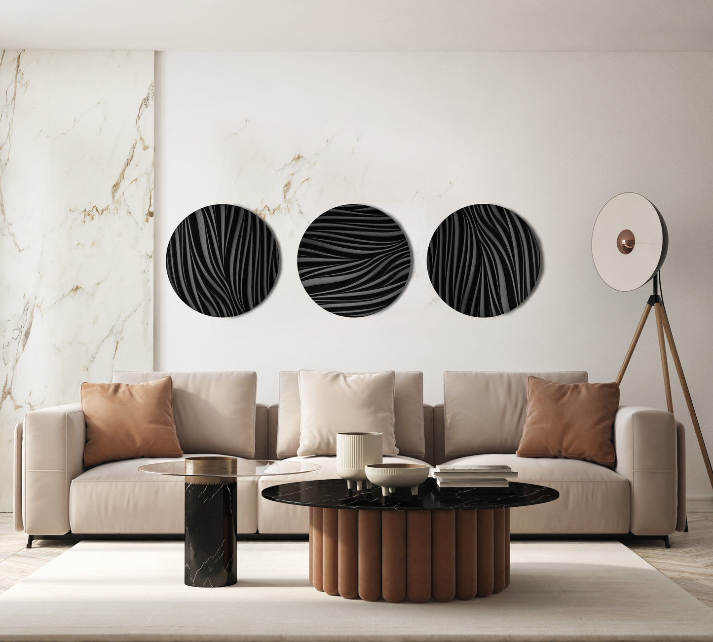 Leaf Wall Set of three round black sculptures styled above a sofa in a bright living room