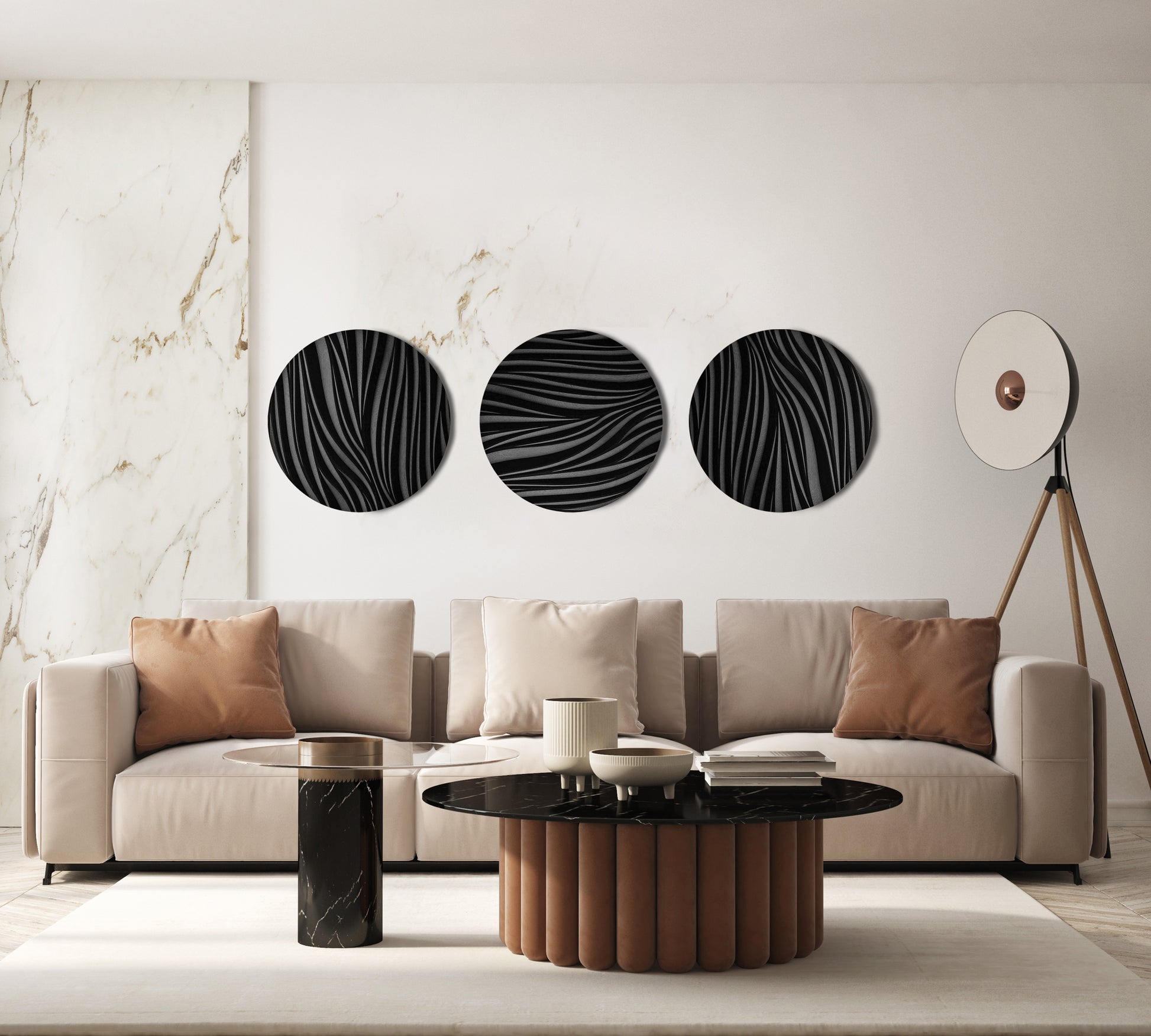 Leaf Wall Set of three round black sculptures styled above a sofa in a bright living room
