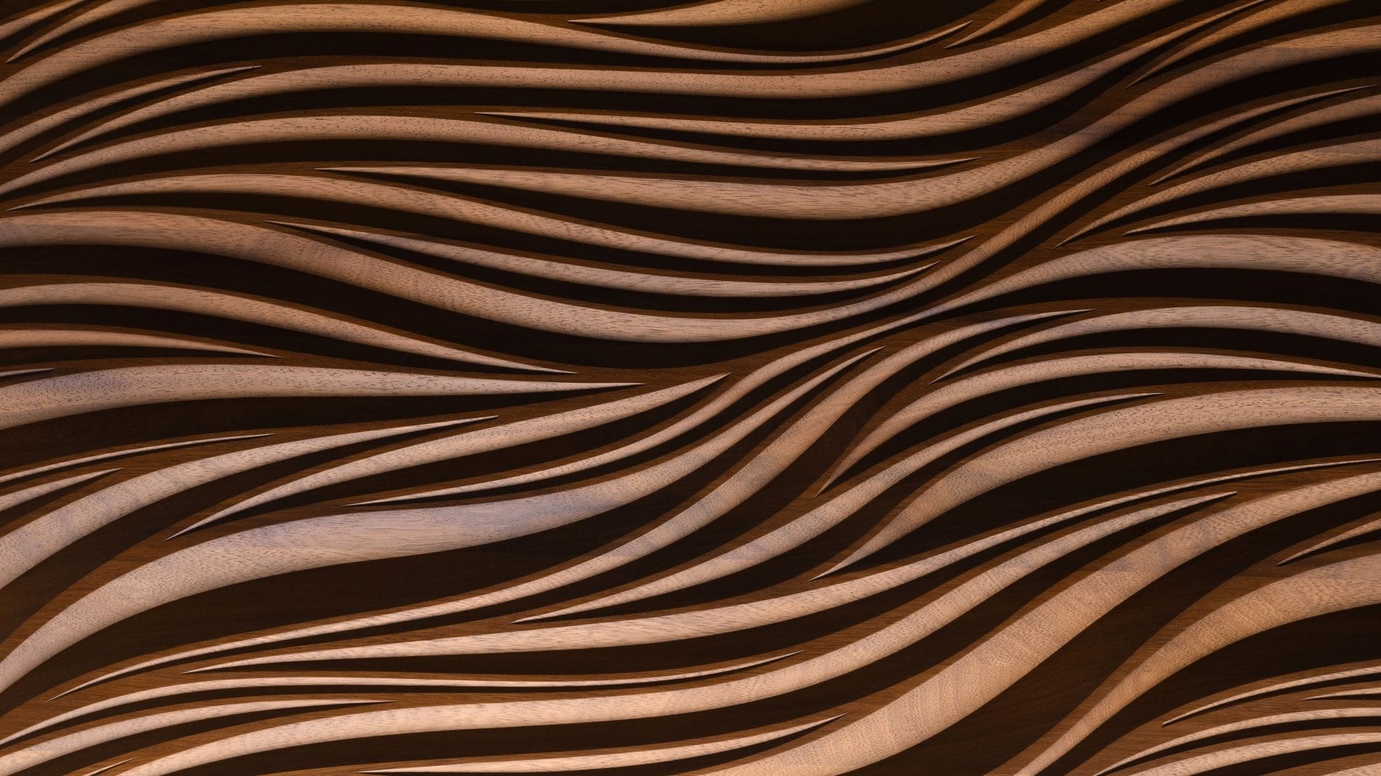 Leaf iroko carving macro, horizontal crop showing layered flow pattern