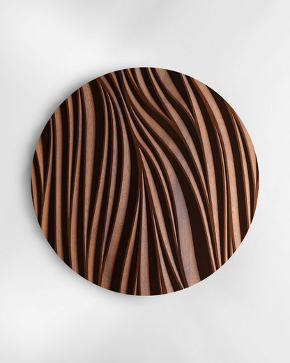 Leaf circular wall sculpture in iroko, front view on white background