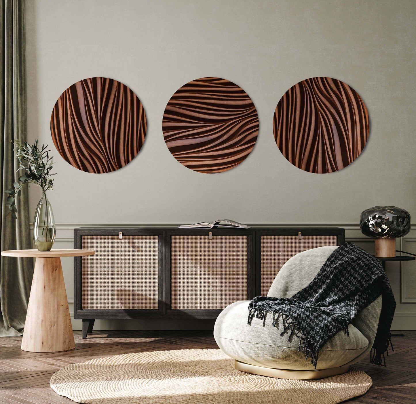 Leaf Wall Set in iroko displayed above a sideboard in a curated interior