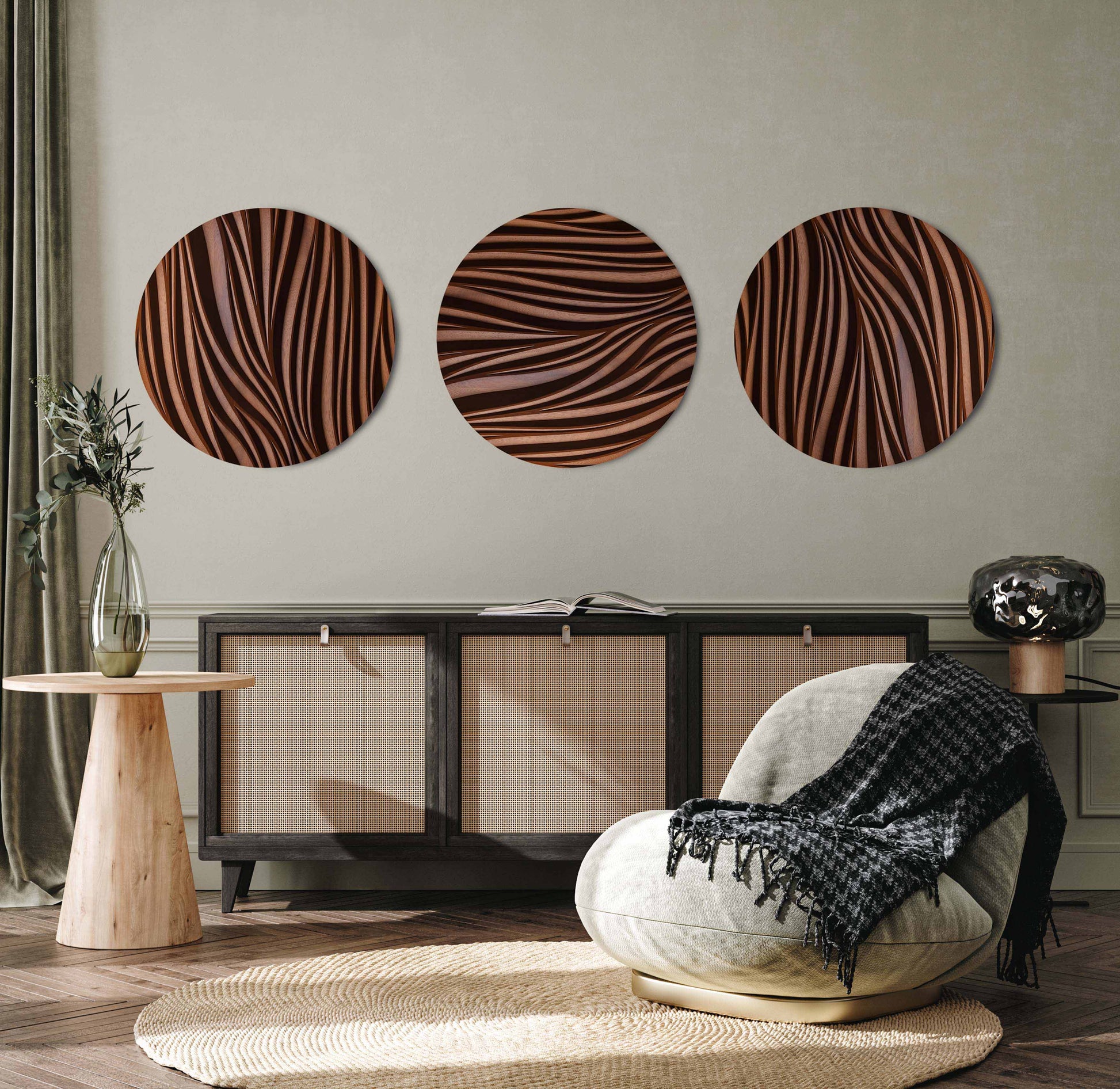 Leaf Wall Set in iroko displayed above a sideboard in a curated interior