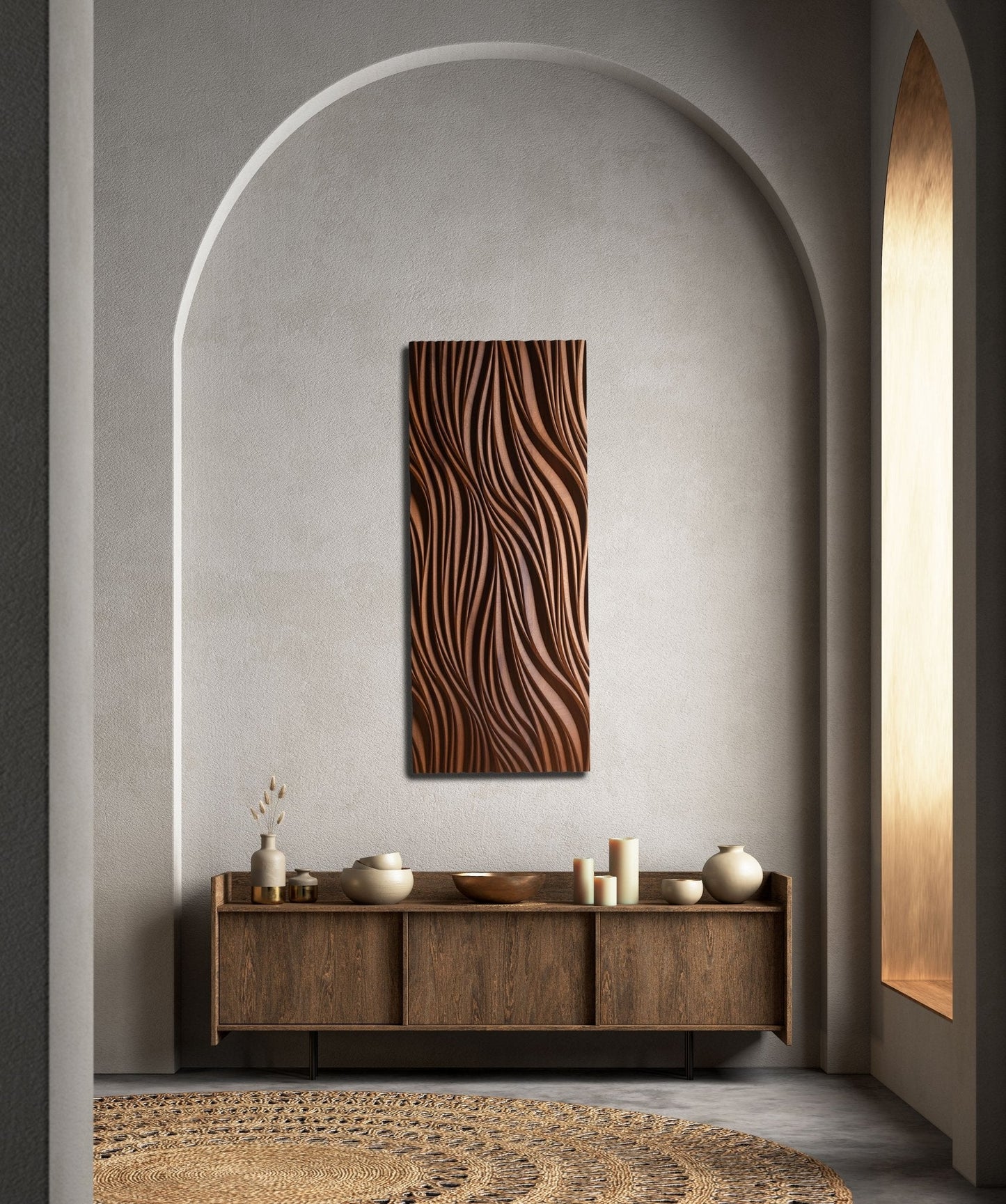 Leaf-inspired iroko piece brightens hallway decor ideas, blending scandi interior style with sculpted organic lines