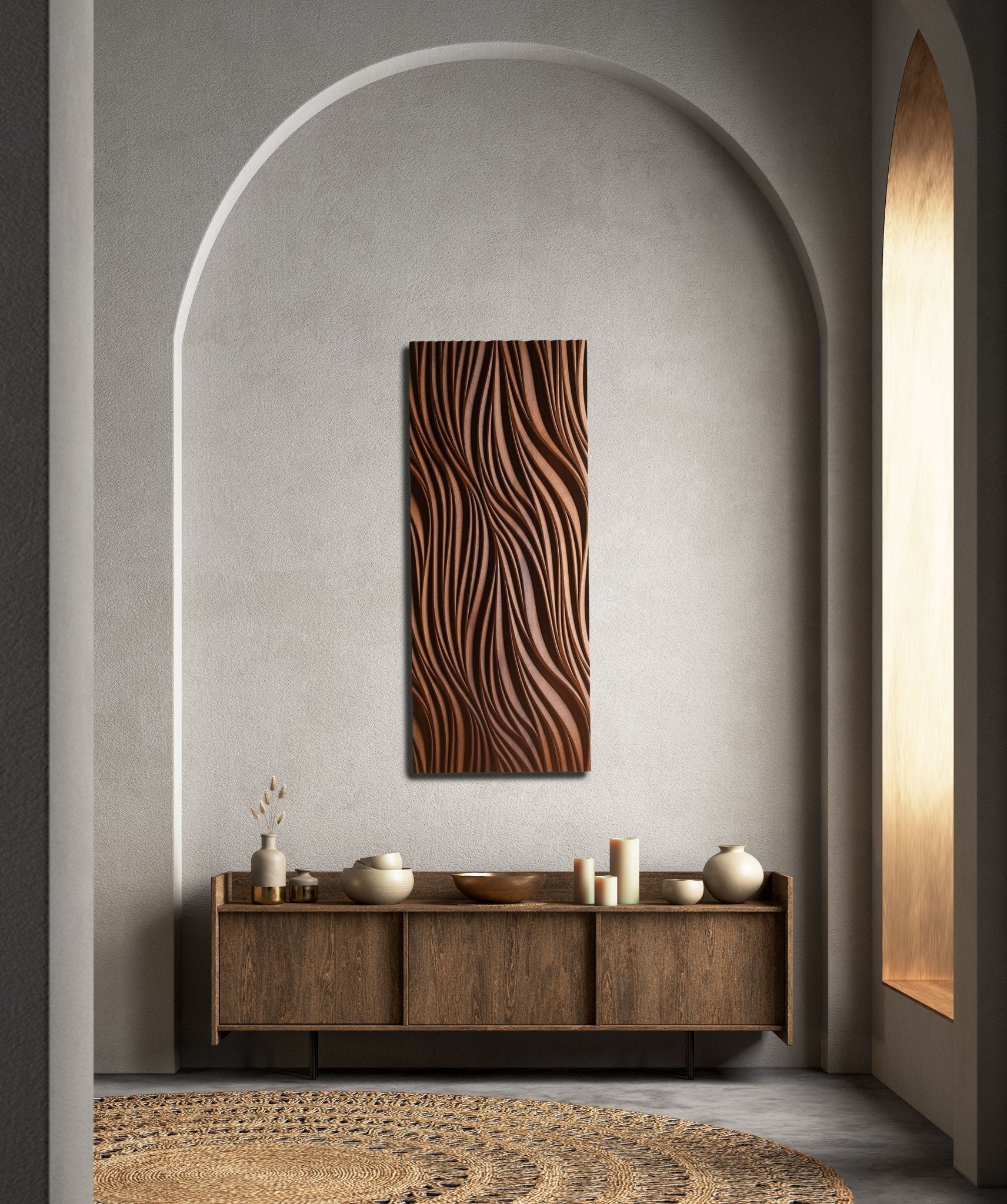 Leaf-inspired iroko piece brightens hallway decor ideas, blending scandi interior style with sculpted organic lines