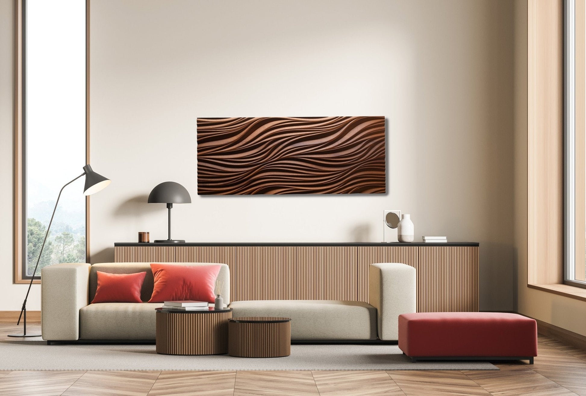 A warm iroko carving with nature lines in a sleek bathroom design, offering geometry art detail for refined home decor.