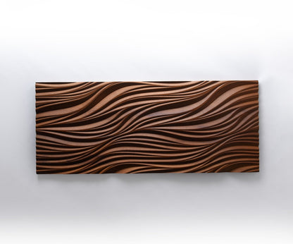 Detailed shot of leaves & nature motif, pairing wooden wall panels appeal with tactile geometric design in richly toned iroko.
