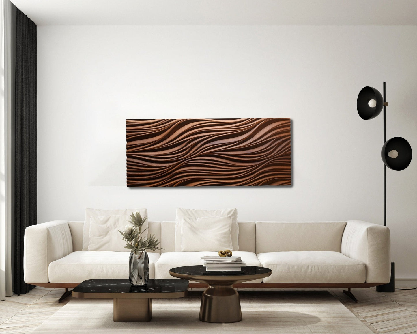 Rectangular iroko panel with leaves & nature carving in a living room, merging big wall decor and boho chic interior flair.