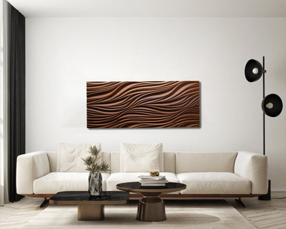 Rectangular iroko panel with leaves & nature carving in a living room, merging big wall decor and boho chic interior flair.