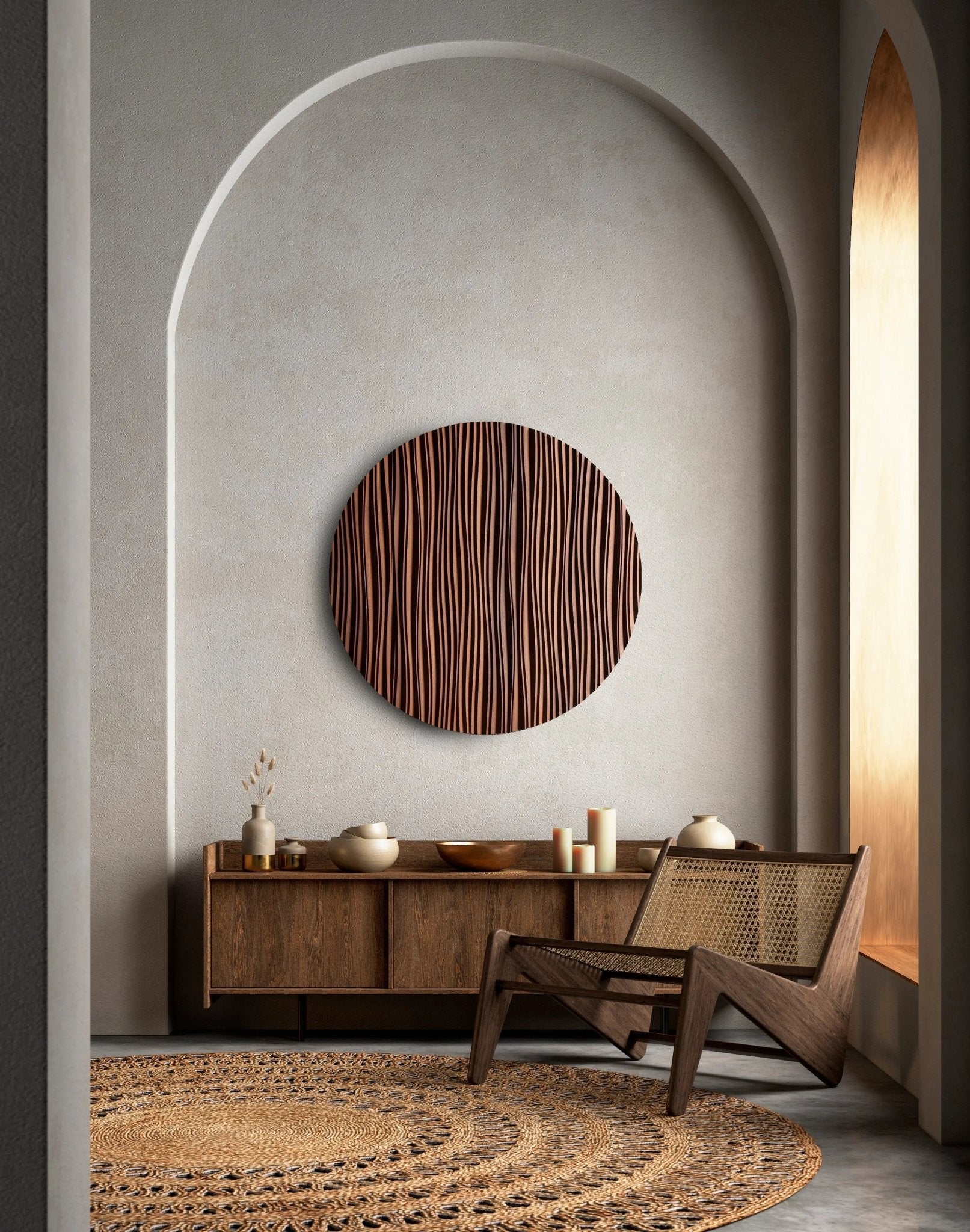 A circular Iroko ‘The Line’ panel mounted above a sofa, blending big wall decor appeal with scandi interior elegance in a softly lit space