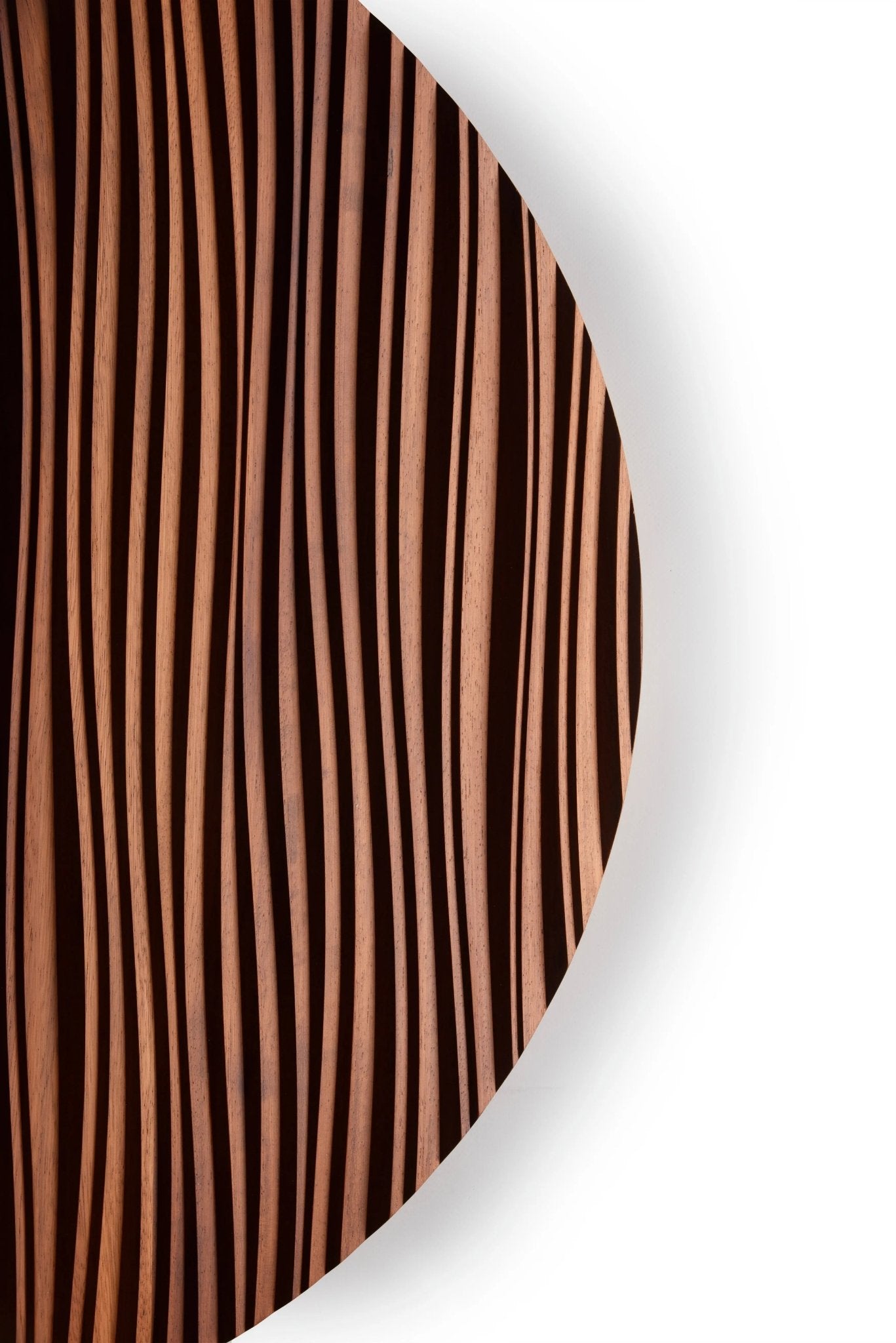 Rounded rim highlighting a matte protective coat on Iroko, aligning with scandi interior simplicity and easy wood accent wall integration.