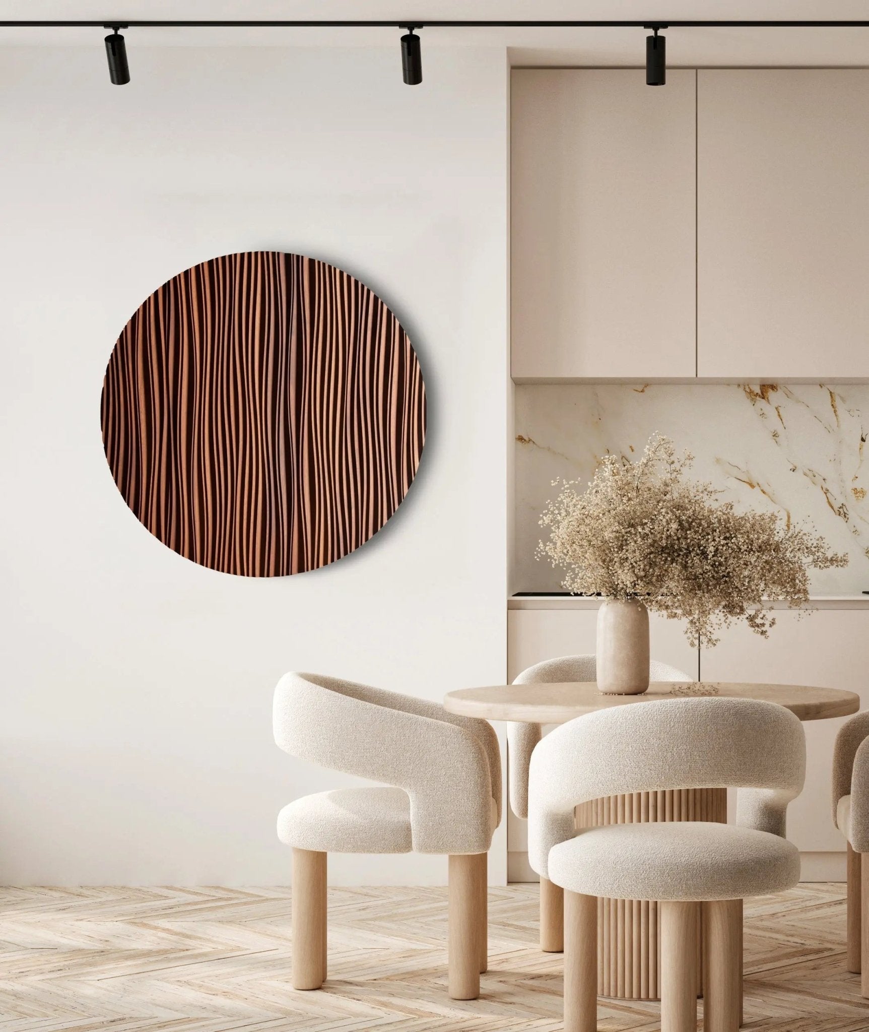 A carved round panel featuring subtle line grooves, enriching house design and geometry art flair in a minimal entryway corner.