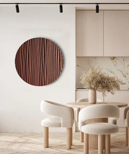 A carved round panel featuring subtle line grooves, enriching house design and geometry art flair in a minimal entryway corner.
