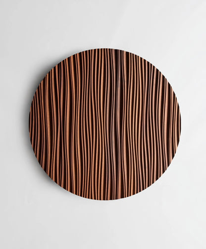 Zoomed-in view of ‘The Line’ waves etched into Iroko, reflecting wooden wall panels craftsmanship and refined interior decoration aesthetics.