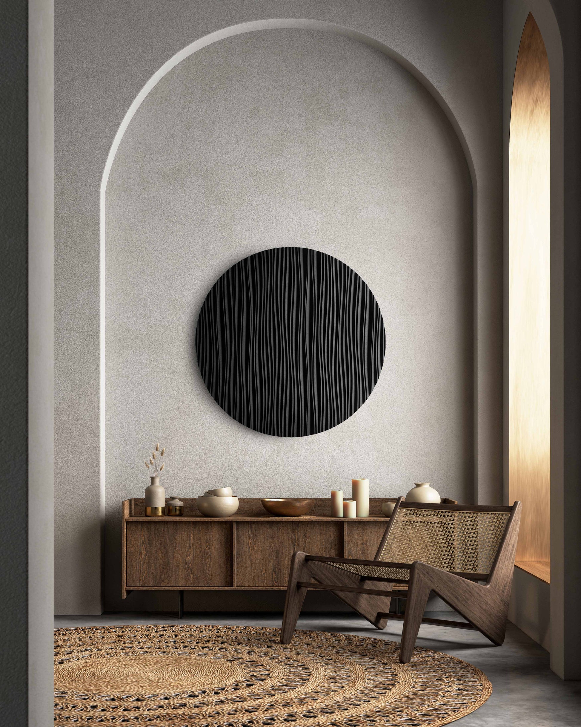 A circular Iroko ‘The Line’ panel mounted above a sofa, blending big wall decor appeal with scandi interior elegance in a softly lit space.