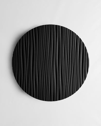 Zoomed-in view of ‘The Line’ waves etched into Iroko, reflecting wooden wall panels craftsmanship and refined interior decoration aesthetics