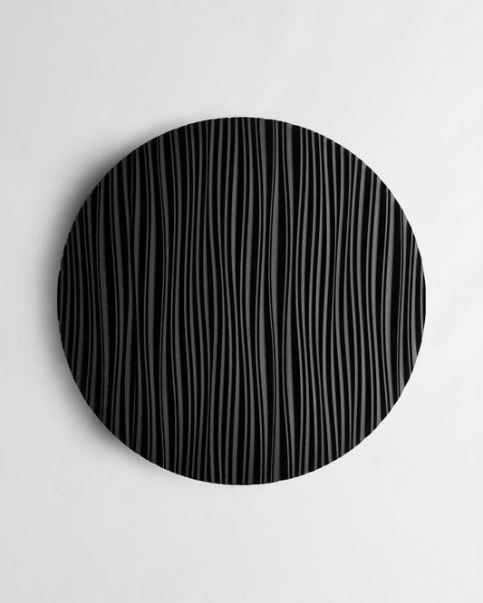 Zoomed-in view of ‘The Line’ waves etched into Iroko, reflecting wooden wall panels craftsmanship and refined interior decoration aesthetics
