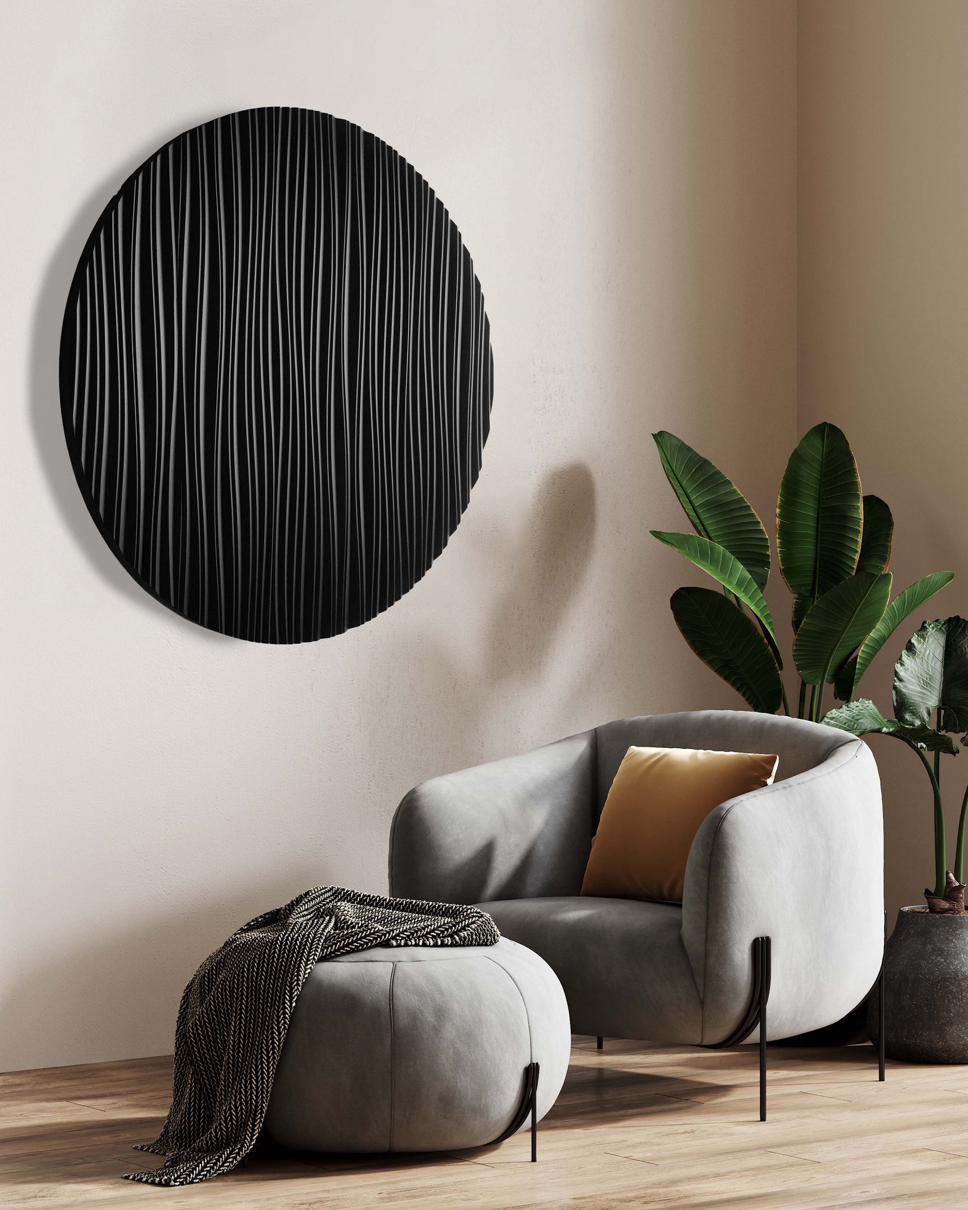 A sleek Iroko circle etched with line patterns, serving as hallway decor ideas inspiration on a wood accent wall for stylish, modern homes.
