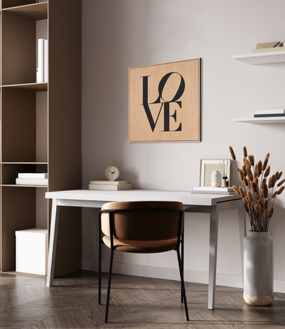 Love typographic wall art in oak and black Valchromat styled above a minimalist workspace