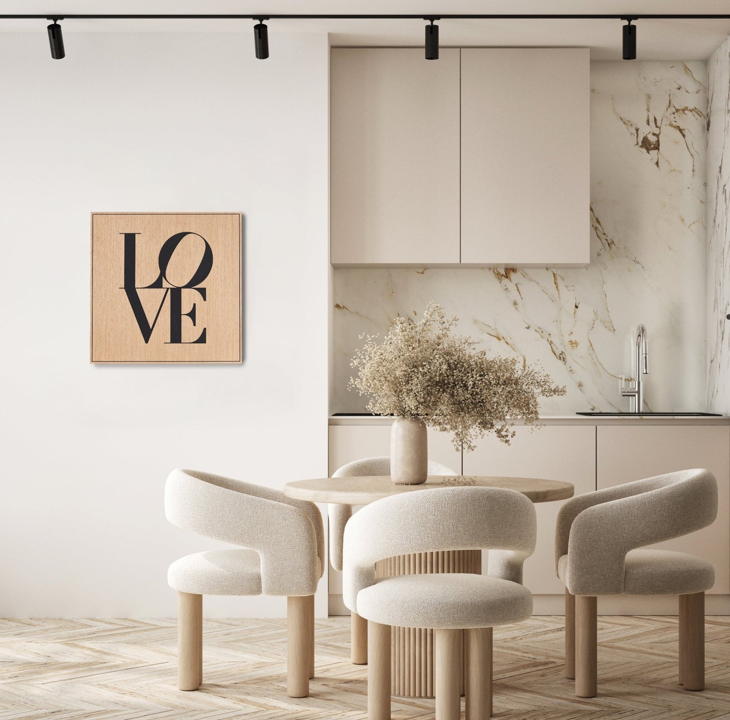 Love carved oak wall art with black detail styled on a bright dining and kitchen wall