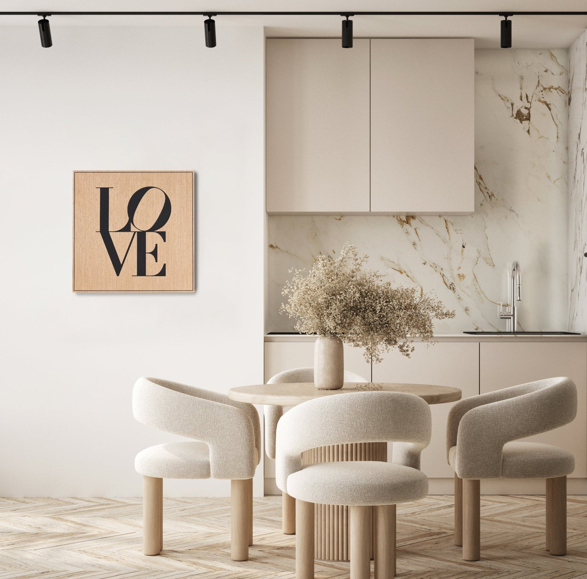 Love carved oak wall art with black detail styled on a bright dining and kitchen wall