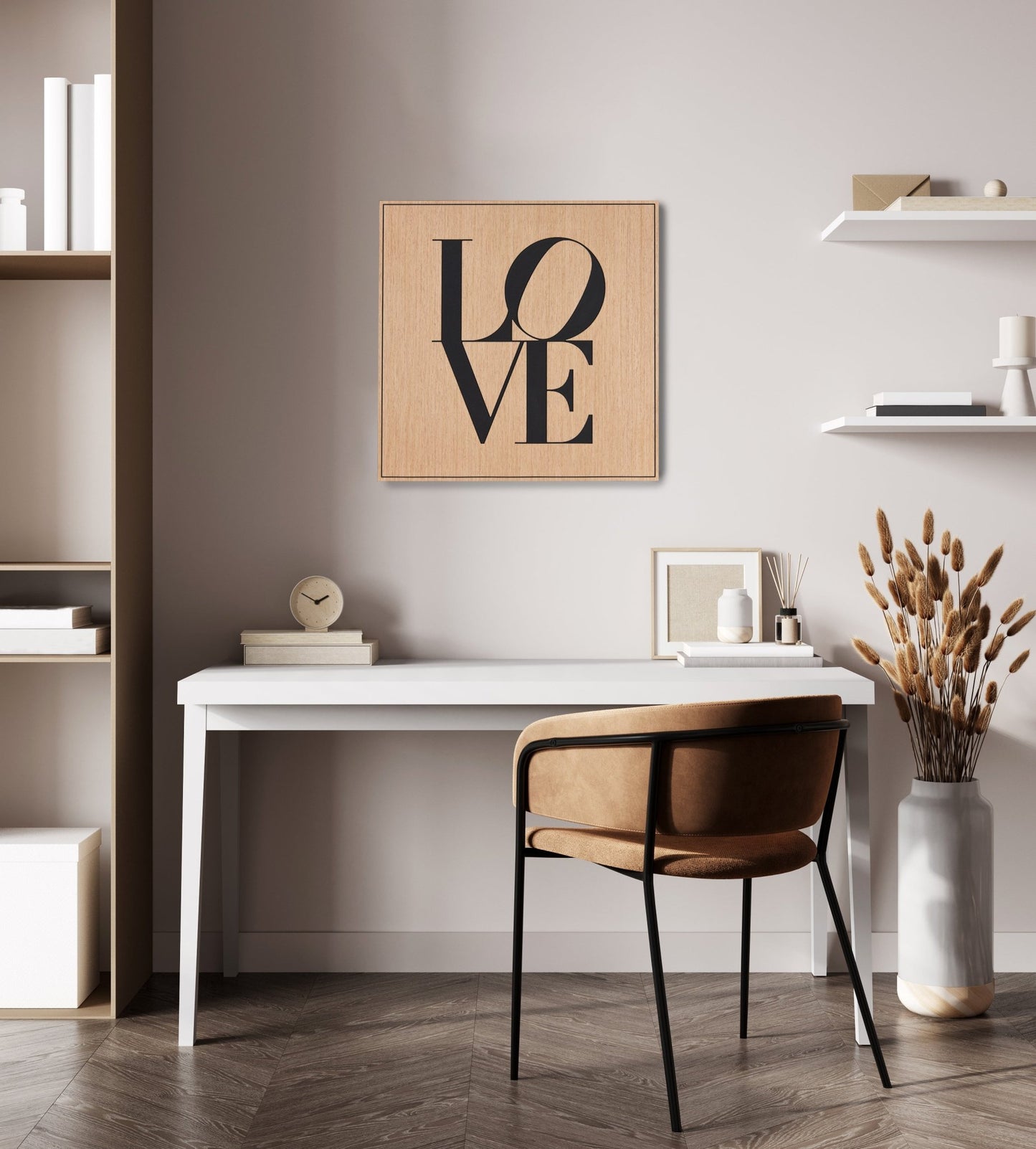 Love carved oak wall art with black Valchromat lettering displayed above a desk in a modern interior
