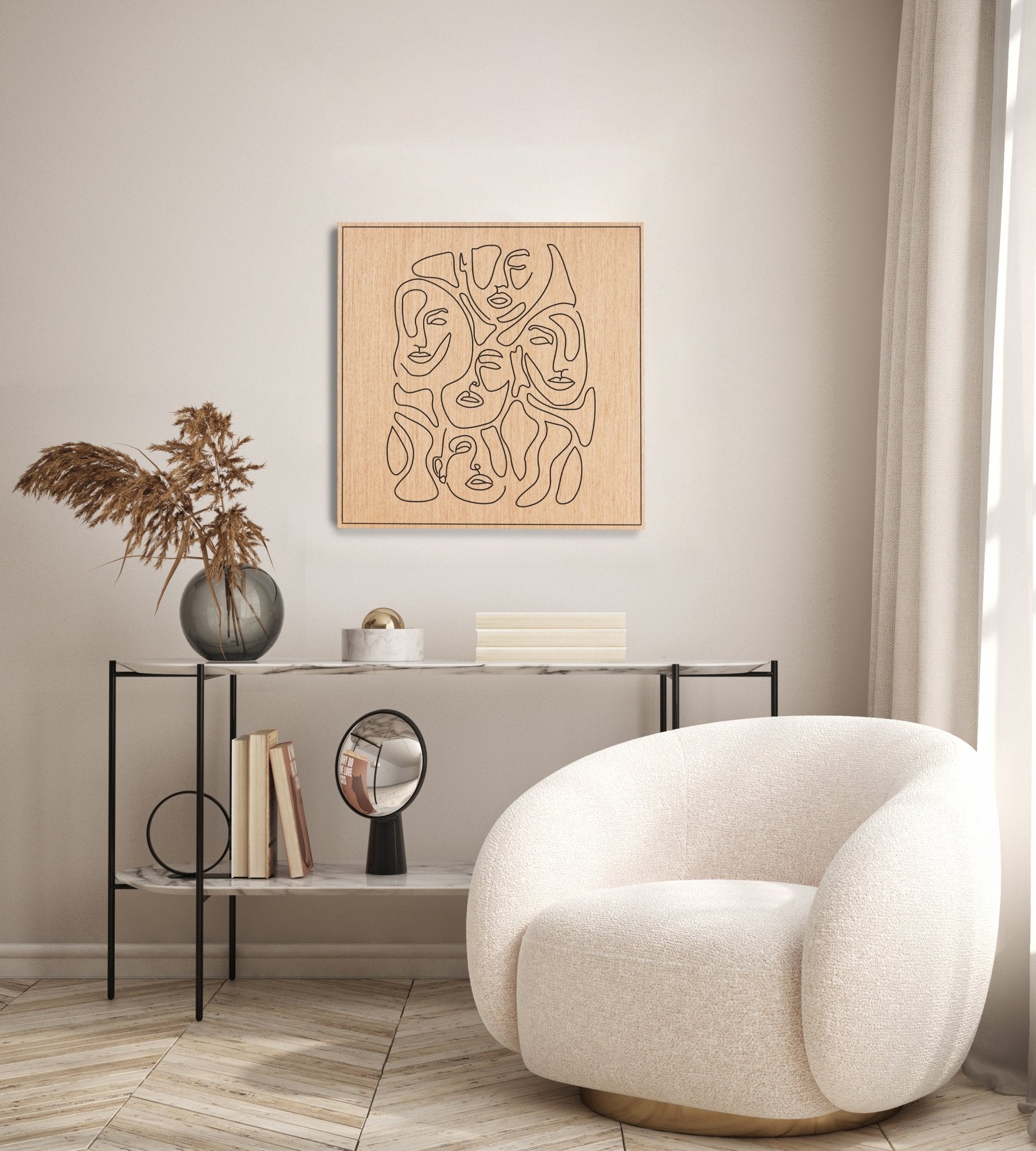 Merging of Faces carved oak artwork with black line detail, styled above a console table