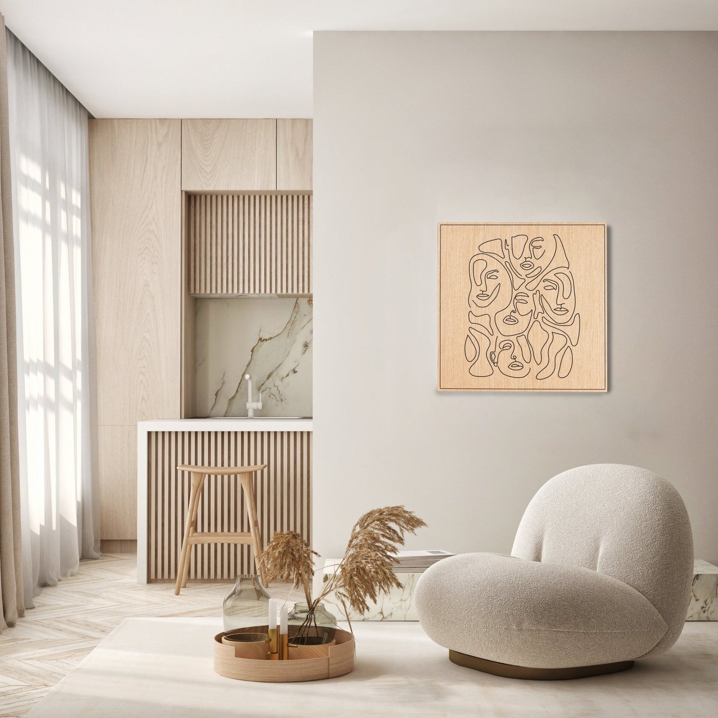 Merging of Faces carved oak wall art displayed in a bright modern living space