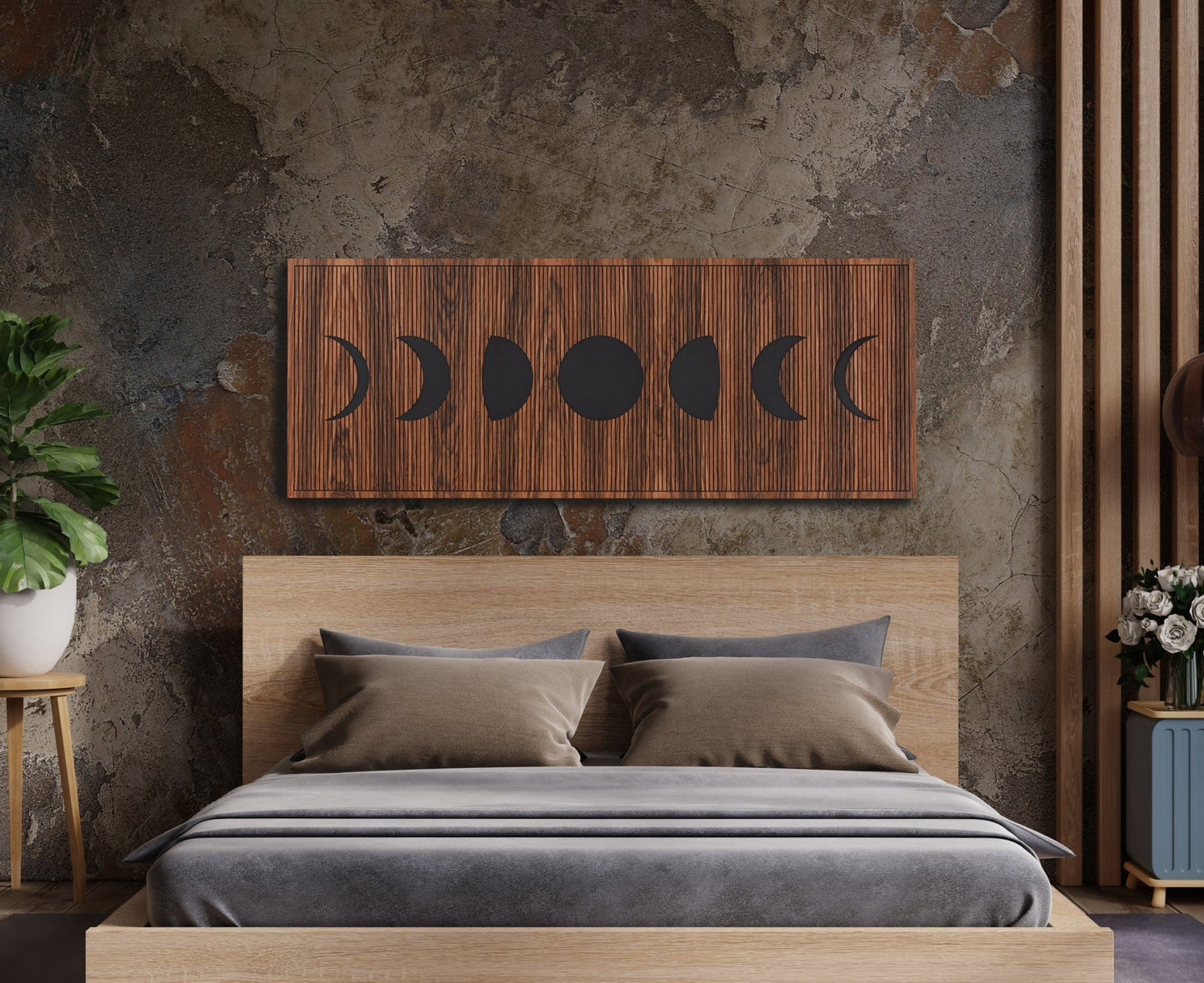 Moon lunar phases wall panel above bed, warm bedroom styling