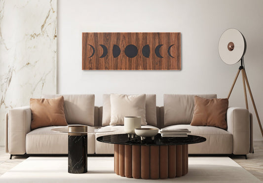 Moon lunar phases wall panel in rosewood above sofa, styled living room view