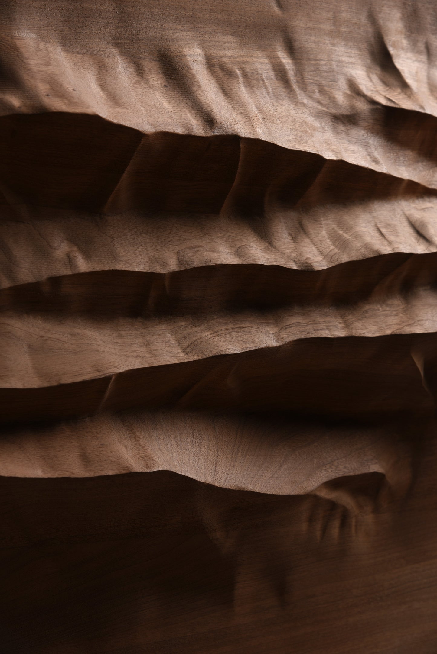 Close view of the carved mahogany ridges and shadowed valleys of Mountain Echo
