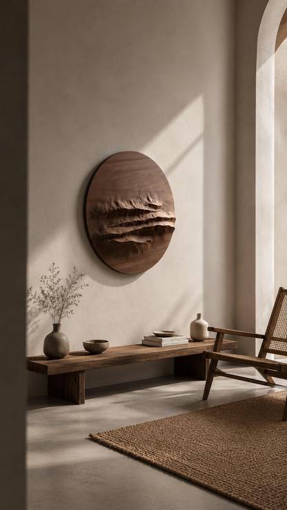 Mountain Echo round mahogany wall sculpture displayed in a minimalist interior