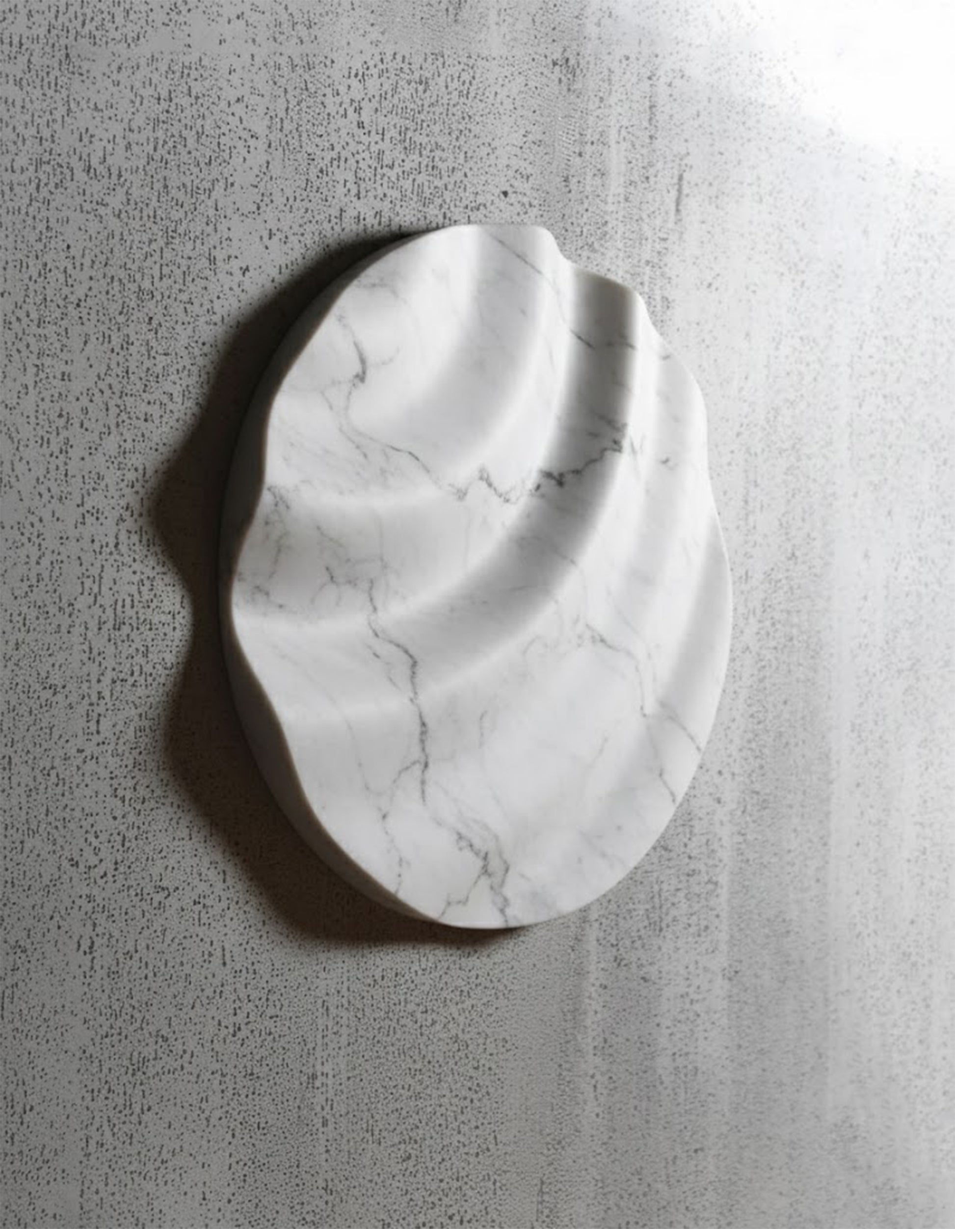 White marble circular wall sculpture with soft carved waves by SquareOff