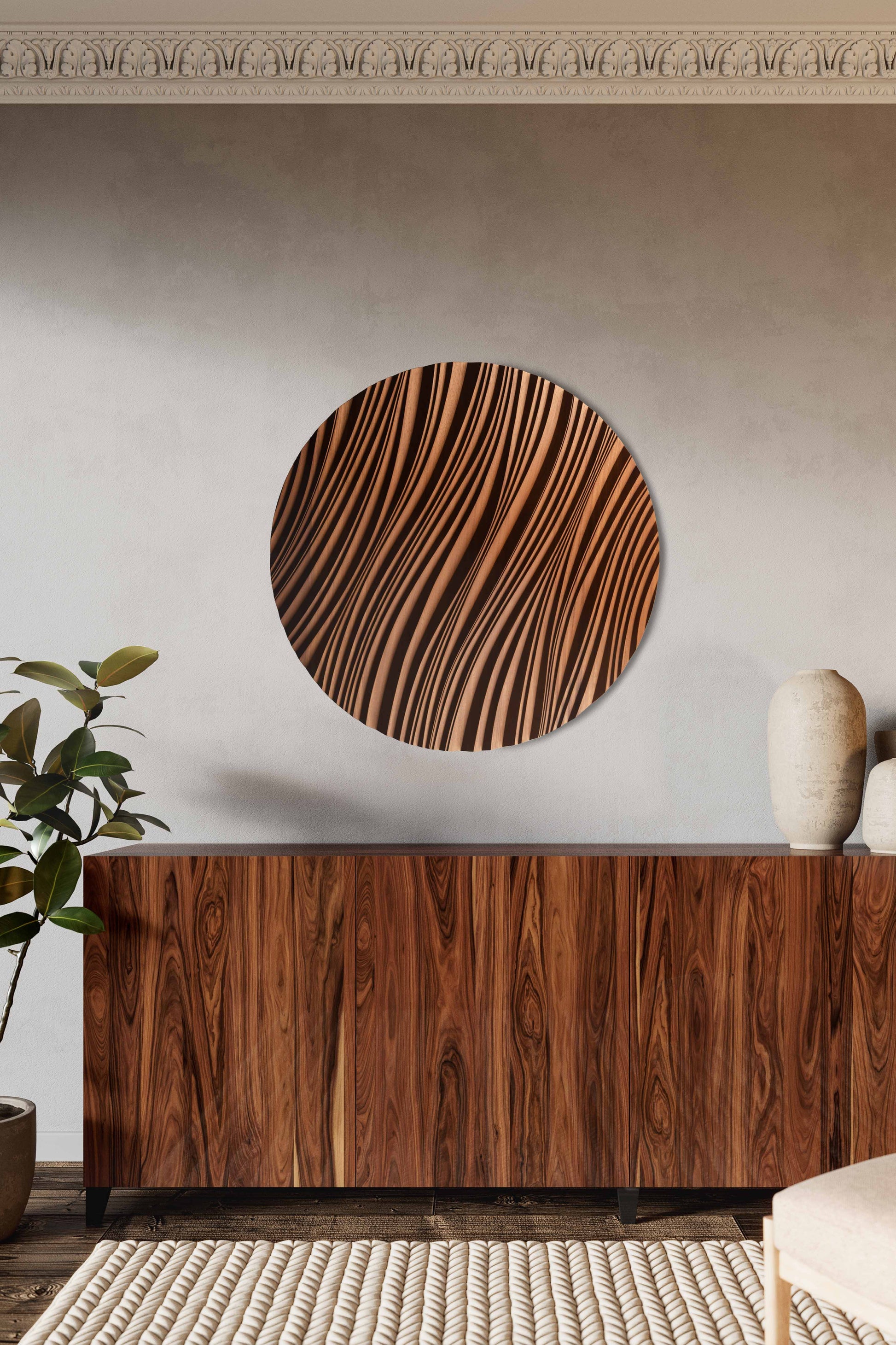 Bathe in style with a carved iroko circle featuring an erosion motif, uniting bathroom design refinement and interior decoration flair.