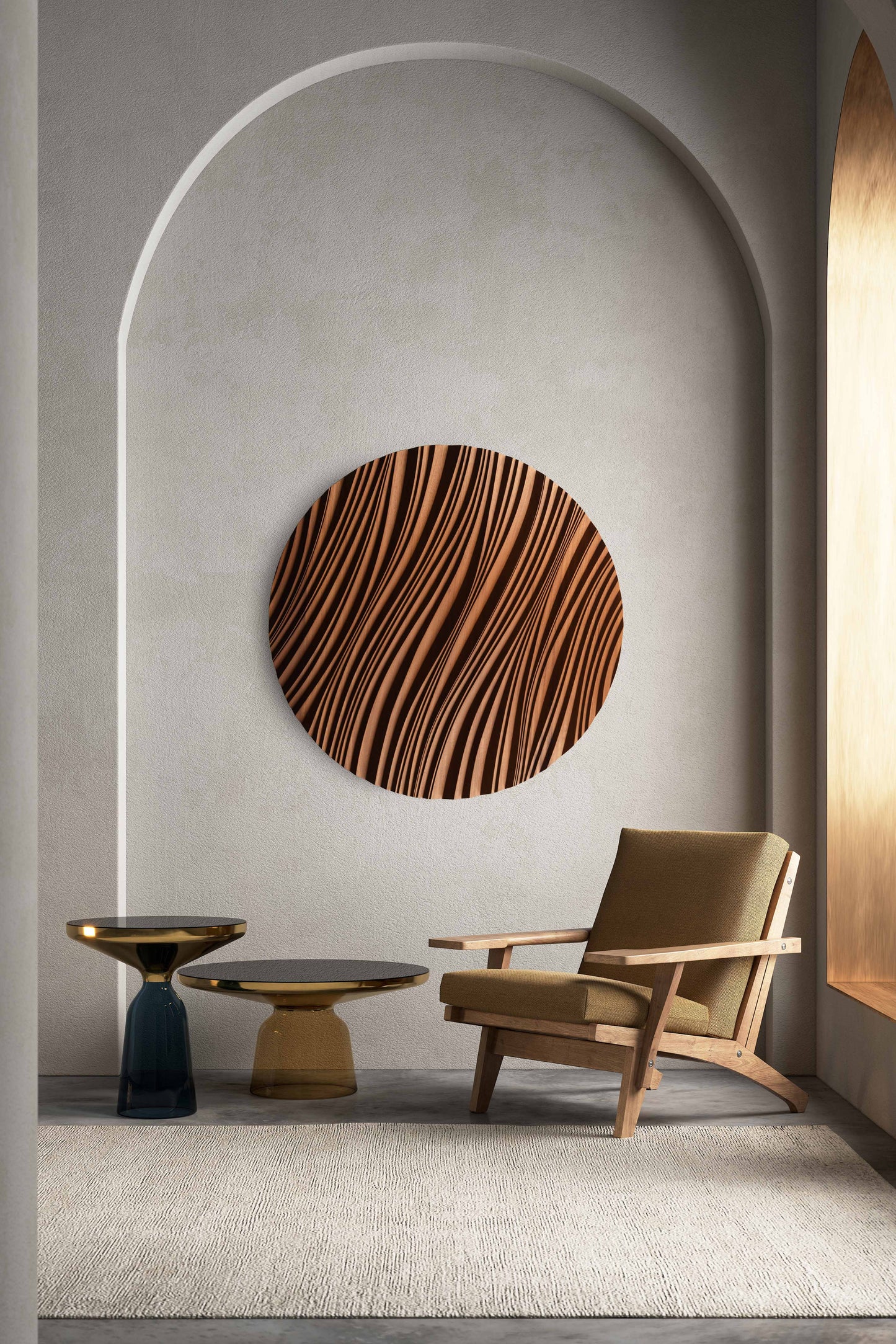 Round iroko ‘erosion’ panel brightening a minimalist dining corner, bridging scandi interior calm and geometry art influences.
